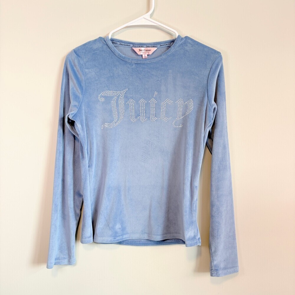 Y2K Juicy Couture Velour Long Sleeve Rhinestone Logo Loungewear Blue Size Small